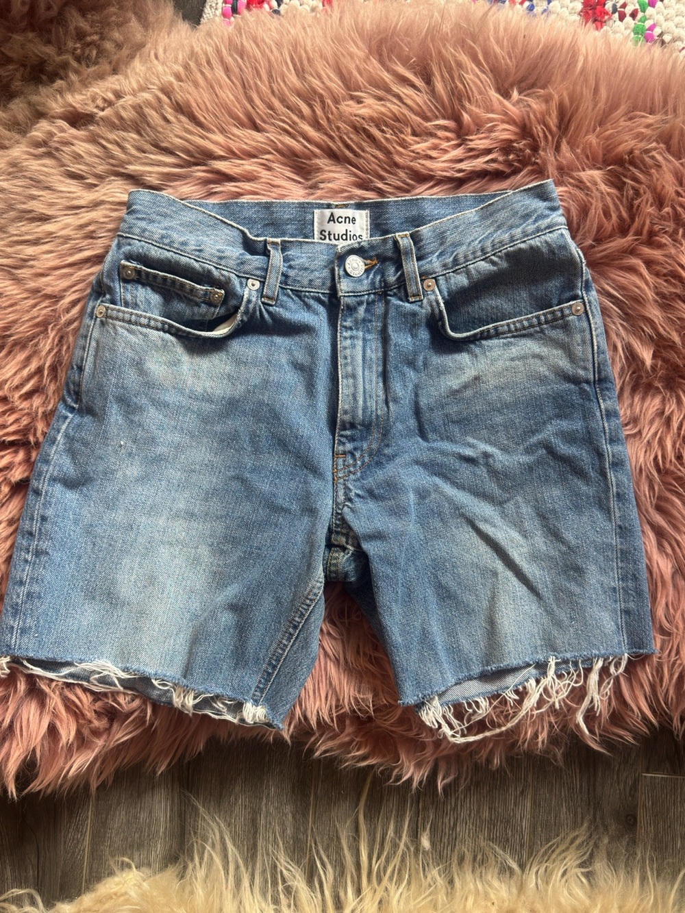 Acne Boy Vintage Denim Shorts in Light Blue with Gold Stitching